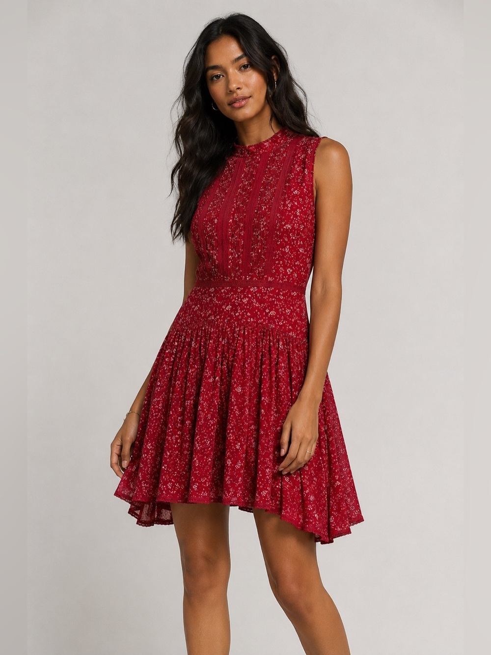 All Saints Day Dress Berry Red Floral Pin-tuck Sleeveless Tiered Mini Boho 8